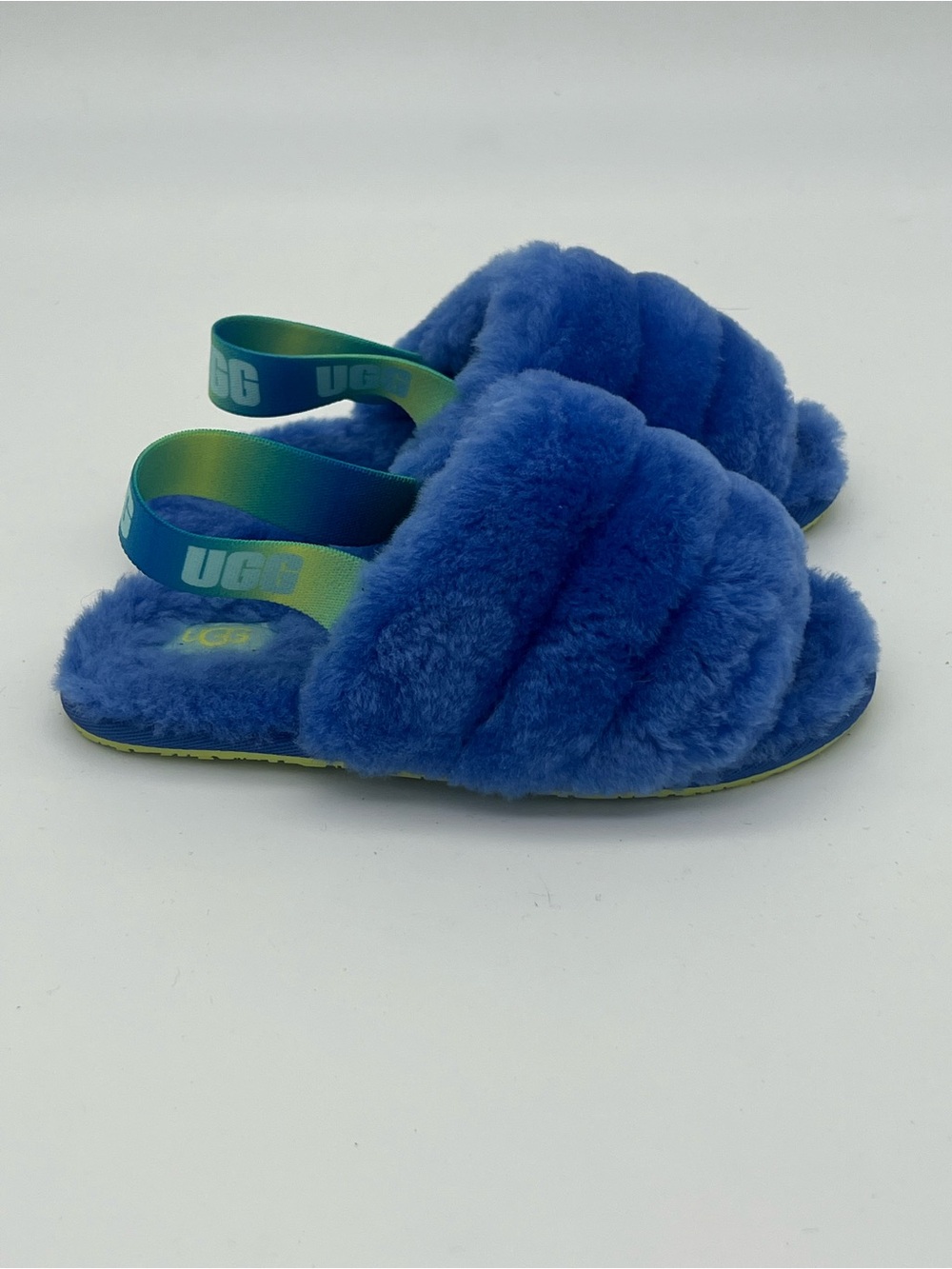 UGG kids size 12 fluff yea slippers blue sandals shearling fluffy slip on shoes